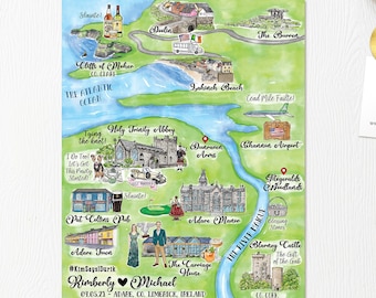 Custom Watercolor Wedding Map: Limerick Ireland, 20-21 Locations (Digital Download)