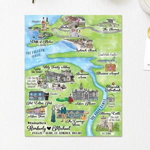 Benutzerdefinierte Aquarell Hochzeitskarte für 20-21 Orte, personalisierte Hand gezeichnet Limerick Irland Karte für Willkommenstasche, Save the Date, Reiseplan