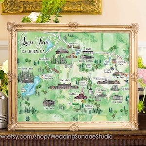 Custom Watercolor Wedding Map for 22-23 Locations, Personalized Hand Drawn Farm Map for Welcome Bag, Save the Date, Itinerary