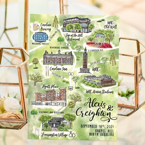 8-9 locaties aangepaste aquarel bruiloft kaart, gepersonaliseerde handgetekende Chapel Hill NC-kaart voor welkomsttasje, bewaar deze datum, reisplan