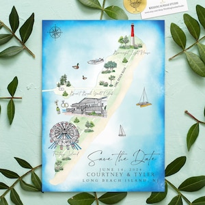 1-3 locaties aangepaste aquarel bruiloft kaart, gepersonaliseerde handgetekende Long Beach NJ kaart voor welkomsttasje, bewaar deze datum, reisplan