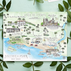 6-7 Orten individuelle Aquarell Hochzeitskarte, personalisierte handgezeichnete Casa de Campo Karte für Willkommenstasche, Save the Date, Reiseplan etc.