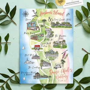12-13 locaties aangepaste aquarel bruiloft kaart, gepersonaliseerde handgetekende kaart haveneiland voor welkomsttasje, bewaar deze datum, reisplan