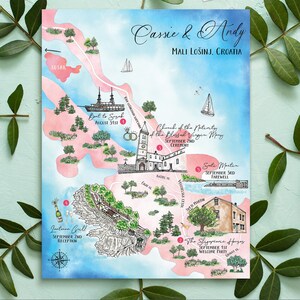 4-5 Locations Custom Watercolor Wedding Map, Personalized Hand Drawn Croatia Map for Welcome Bag, Save the Date, Itinerary