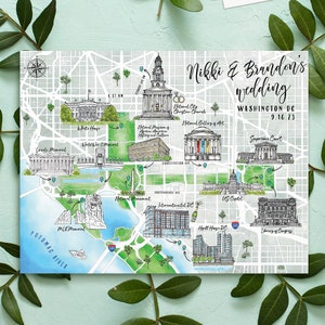 12-13 locaties aangepaste aquarel bruiloft kaart, gepersonaliseerde handgetekende kaart van Washington DC voor welkomsttasje Save the Date uitnodigingsroute