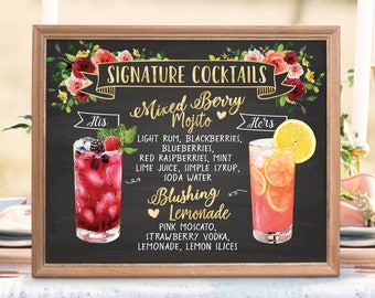 Digital Printable Wedding Bar Menu Sign, Botanical Signature Drinks Cocktails Signs, Watercolor Drinks Chalkboard Christmas New Year IDM21