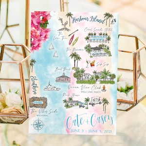 Carte de mariage aquarelle personnalisée 6-7 emplacements, carte des Bahamas dessinée à la main personnalisée pour sac de bienvenue, réservez la date, itinéraire
