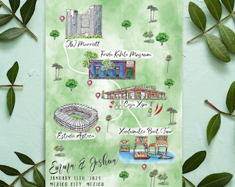 Custom Watercolor Wedding Map: Mexico City, 4-5 Locations (Digital Download)