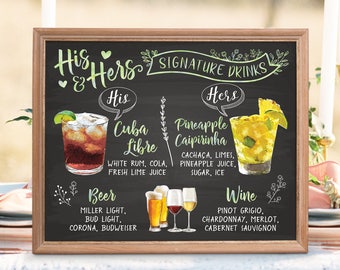 Digital Printable Wedding Bar Menu Sign, His and Hers Signature Drinks Cocktails Signs Watercolor Chalkboard  Christmas New Year Signs IDM17