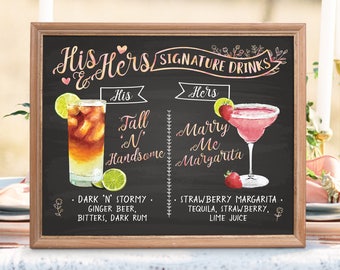 Digital Printable Wedding Bar Menu Sign, His and Hers Signature Drinks Cocktails Signs Watercolor  Christmas New Year Chalkboard Signs IDM18