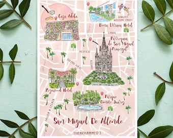 Custom Watercolor Wedding Map: San Miguel de Allende, 4-5 Locations (Digital Download)