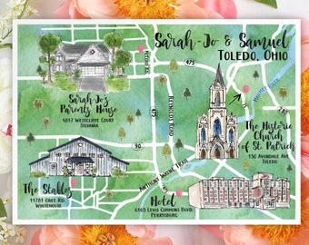Watercolor Wedding Map Drawing Wedding Map Custom Wedding Map Custom Illustration Wedding Map Watercolor Map Home Town Vacation Church Hotel