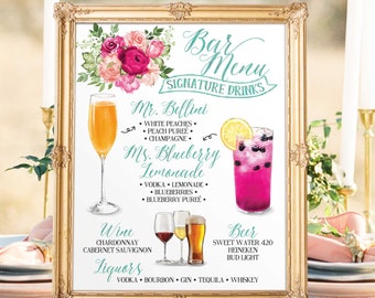 Digital Printable Wedding Bar Menu Sign, Signature Drinks Cocktails Signs, Watercolor Botanical Wedding Chalkboard Christmas New Year IDM950