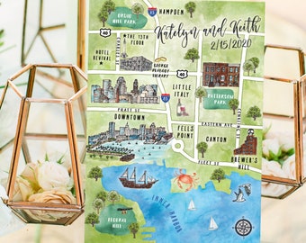 Mapa de boda personalizado en acuarela: Baltimore, 8-9 ubicaciones (descarga digital)