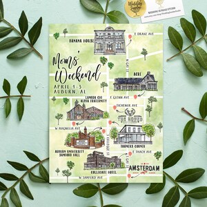 Custom Watercolor Wedding Map, Auburn Alabama Personalized Hand Drawn Wedding Map for Welcome Bag, Save the Date, Itinerary image 1