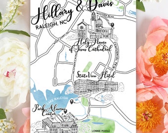 Custom Watercolor Wedding Map, Personalized Hand Drawn Wedding Map for Welcome Bag, Save the Date, Itinerary