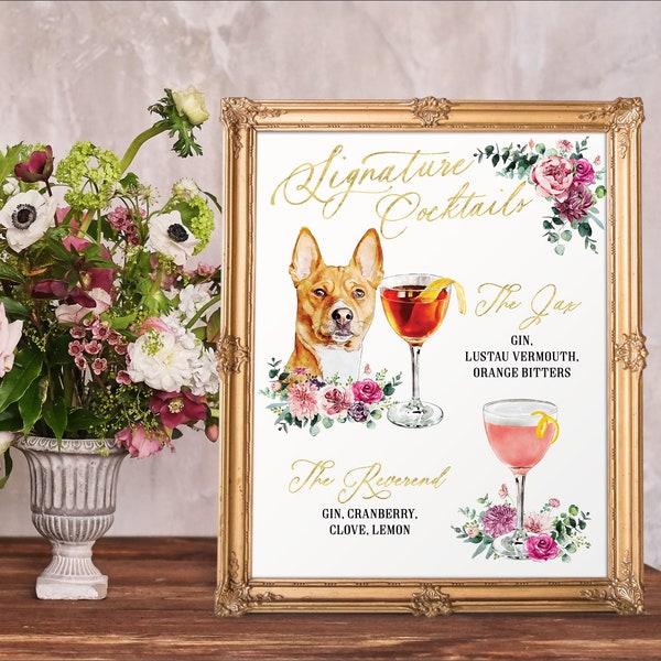 Digital Printable Pink Flower Eucalyptus Wedding Dogs Pets Portrait Bar Menu Sign, His and Hers Signature Drinks Cocktails Signs IDM60