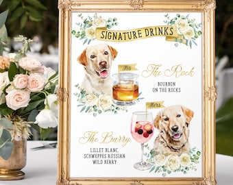 Digital Printable Eucalyptus Botanical Wedding Dogs Pets Portrait Bar Menu Sign, His and Hers Signature Drinks Cocktails Signs IDM59