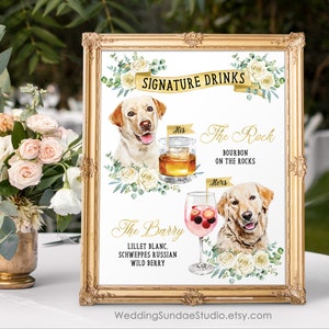 Digital druckbare Eukalyptus botanische Hochzeit Hunde Haustiere Bar Menü Schild, seine und ihre Unterschrift Getränke Cocktails Schilder IDM59