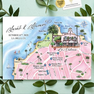 Carte de mariage aquarelle personnalisée de 1 à 3 endroits, carte personnalisée de La Jolla en Californie dessinée à la main pour sac de bienvenue, réservez la date, itinéraire