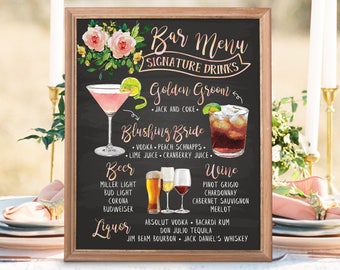 Digital Printable Botanical Wedding Bar Menu Sign, His and Hers Signature Drinks Cocktails Signs, Chalkboard Christmas New Year IDM20