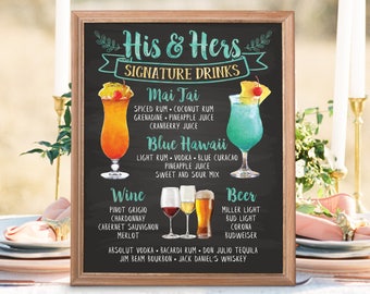 Digital Printable Wedding Bar Menu Sign, His and Hers Signature Drinks Cocktails Signs, Watercolor Beach Christmas New Year Chalkboard IDM13