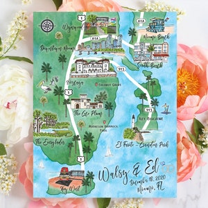 8-9 locaties aangepaste aquarel bruiloft kaart, gepersonaliseerde handgetekende kaart Miami Florida voor welkomsttasje, bewaar deze datum, reisplan