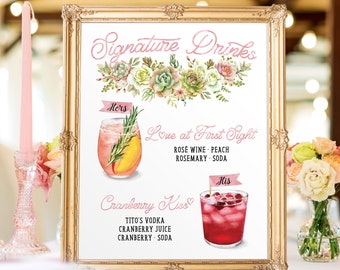 Digital Printable Succulent Botanical Wedding Bar Menu Sign, His and Hers Signature Drinks Cocktails Signs, Chalkboard Custom Sign IDM62