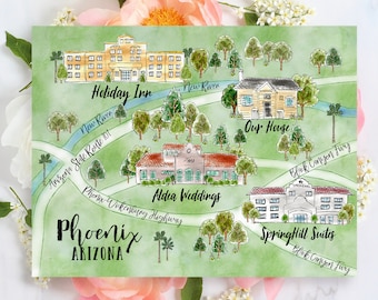 Watercolor Wedding Map Drawing Wedding Map Custom Wedding Map Custom Illustration Wedding Map Watercolor Map Home Town Vacation Church Hotel