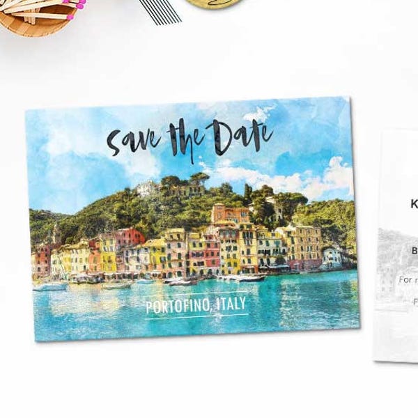 Digital Printable Set Save the Date Postcard Destination Wedding Portofino Italy Europe Watercolor Wedding Invitation Map Card ID842