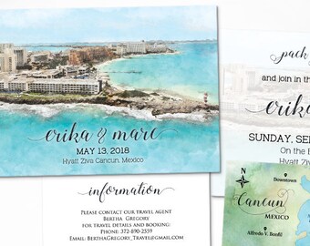 Cancun Mexico Wedding Invitation: Beach Watercolor (Digital Printable)