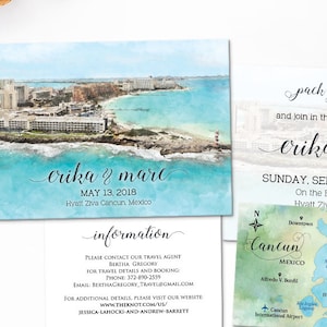 Digitale afdrukbare uitnodigingen bestanden Bestemming Bruiloft CANCUN MEXICO Beach Aquarel schilderij Beach Bruiloft Aangepaste kaart Bruiloft ID924