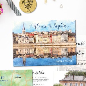 Digital Printable Invitations Files Destination Wedding LYON FRANCE Vonnas Watercolor Painting Beach Wedding Custom Card Wedding ID925