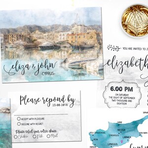 Digital Printable Invitations Destination Mariage Plage Chypre Mariage CYPRUS Aquarelle Invitation Set Enregistrer la date Carte Info Carte ID730