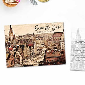 Digital Printable Set Save the Date Postkarte Destination Hochzeit Gent Belgien Europa Aquarell Hochzeitseinladung Karte ID839