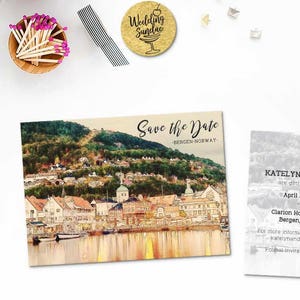 DigitalDruck Set Save the Date Postkarte Destination Hochzeit Bergen Norwegen Europa Aquarell Hochzeitseinladung Karte ID840