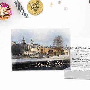 Ensemble imprimable numérique Enregistrer la date Carte postale Destination Mariage Odense Danemark Europe Aquarelle Mariage Invitation Carte ID850