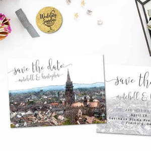Ensemble imprimable numérique Enregistrer la date Carte postale Destination Mariage Fribourg Allemagne Europe Aquarelle Mariage Invitation Carte ID853