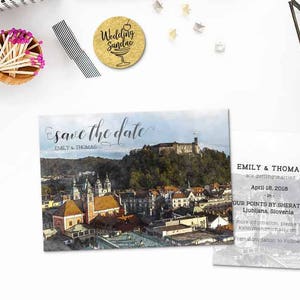 Ensemble imprimable numérique Enregistrer la date Carte postale Destination Mariage Ljubljana Slovénie Europe Aquarelle Mariage Invitation Carte ID851