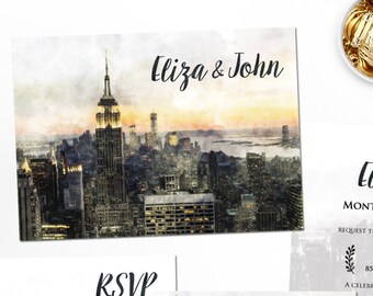 NYC Skyline Wedding Invitation Set: Watercolor New York (Digital Printable Files)