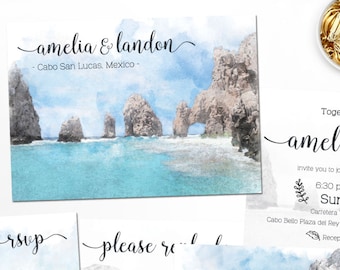 Cabo San Lucas Wedding Invitation Set: Beach Watercolor (Digital Printable)