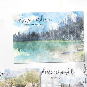 Fichiers imprimables numériques Destination Mariage ROCKY MOUNTAIN Country Aquarelle Montagne Mariage Invitation RSVP Carte Set Papeterie ID778