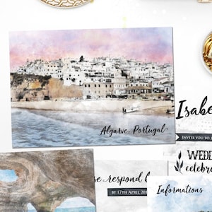 Fichiers imprimables numériques Destination Mariage ALGARVE PORTUGAL Aquarelle Peinture Mariage Invitation RSVP Carte Set Mariage Papeterie ID786
