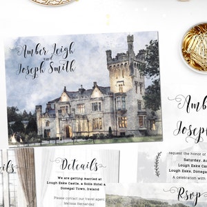 Digitale afdrukbare bestanden bestemming Bruiloft LOUGH ESKE Kasteel Aquarel schilderij Bruiloft Uitnodiging RSVP Kaart Set Bruiloft Briefpapier ID777