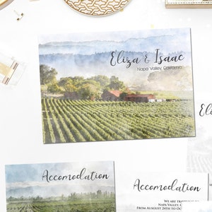 Digitale afdrukbare uitnodigingen bestemming bruiloft wijngaard Napa Valley aquarel bruiloft uitnodiging set save the date kaart info kaart ID727