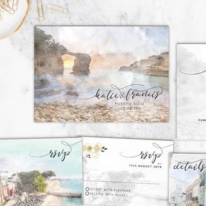 Convites para impressão digital arquivo destino casamento caribe porto rico personalizado ilustrado pintura em aquarela praia cartão de casamento id816