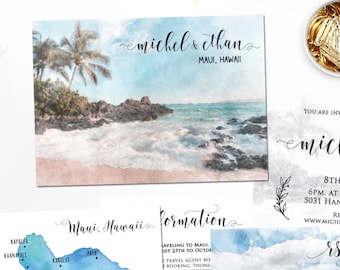 Digital Printable Invitations Destination Wedding MAUI HAWAII Sea Beach Watercolor Wedding Invitation Set Save the Date Map Card ID760