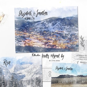 Fichiers imprimables numériques Destination Invitation de mariage PARK CITY Mountain Country Aquarelle UTAH Wedding Invitation Set Rsvp Card ID779