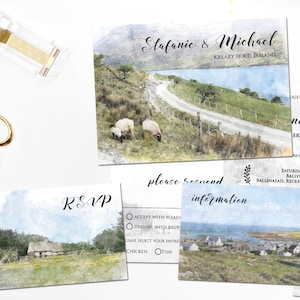Digital Printable Invitations Destination Mariage Killary Fjord IRLANDE ROYAUME-UNI Aquarelle Wedding Invitation Set Enregistrer la date Carte CARTE ID753