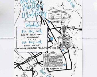 Custom Watercolor Wedding Map, Charleston South Carolina Map, Personalized Hand Drawn Wedding Map for Welcome Bag, Save the Date, Itinerary